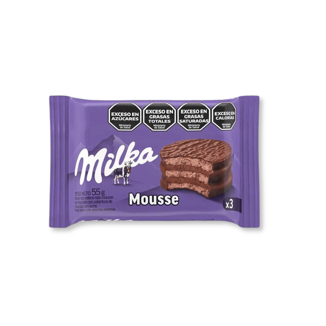 Milka   alfajor   mousse de chocolate   triplo   dp 12 un x 55g